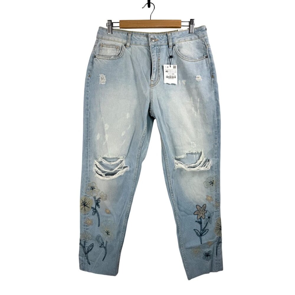 zara Basics floral embroidered cropped mom jeans‎ boho 90s sz 8
